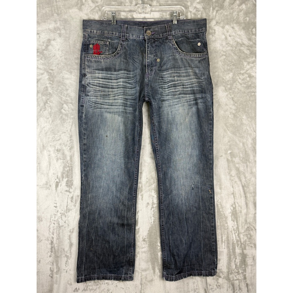 Y2K Miskeen Originals Mens Jeans Dark Wash Embroidered Logo Hip Hop Size 40